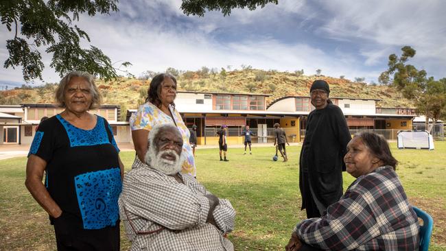 Alice Springs Indigenous elders behind the push to introduce an accommodation facility at Yipirinya School. Christine Davis, Brenda Inkamala, Patrick Nandy, Doris O'Brien and Sarah Mangaraka. Picture: Liam Mendes / The Australian