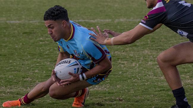 Langer Cup: Marsden SHS's George Peyroux tries to stop Keebra Park SHS's Tuvalli Khan-Pereira crossing over the line in the match against Marsden SHS at Southport Tigers home ground Owen Park on Wednesday. Picture: Jerad Williams