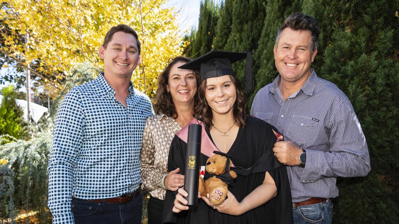Bachelor of Education graduate Madison Hose celebrates with Blake Freeman and parents Tracy and Dwain Hose at the UniSQ graduation ceremony at Empire Theatres, Tuesday, June 27, 2023. Picture: Kevin Farmer