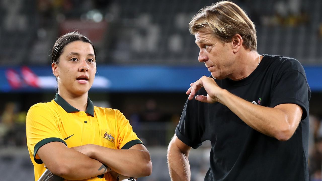 Matildas star Sam Kerr and coach Tony Gustavsson are plotting to win the World Cup. Picture: Brendon Thorne/Getty Images