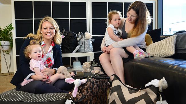 Helen Parker with young mum Lauren Klausmeier and her two children Skye, 3, and Willow, 1, at The Babes Project in Kilsyth. Picture: Nicki Connolly
