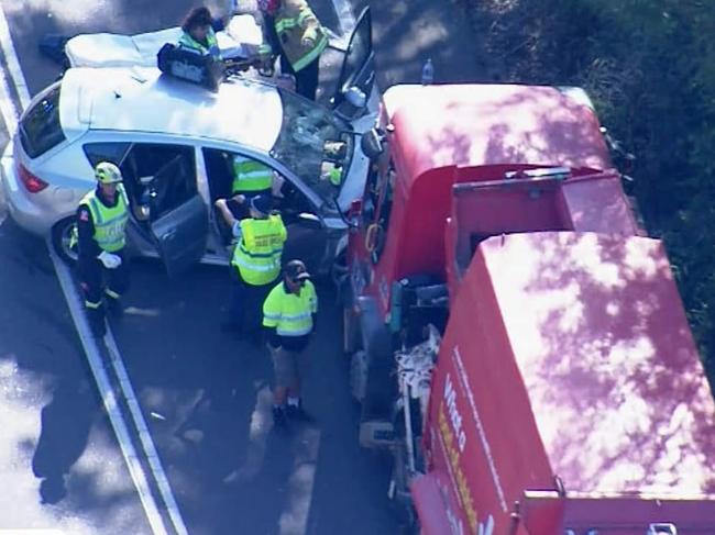 The collision between a garbage truck and a hatchback on Mona Vale Rd, Ingleside, on October 9. Picture: 9News