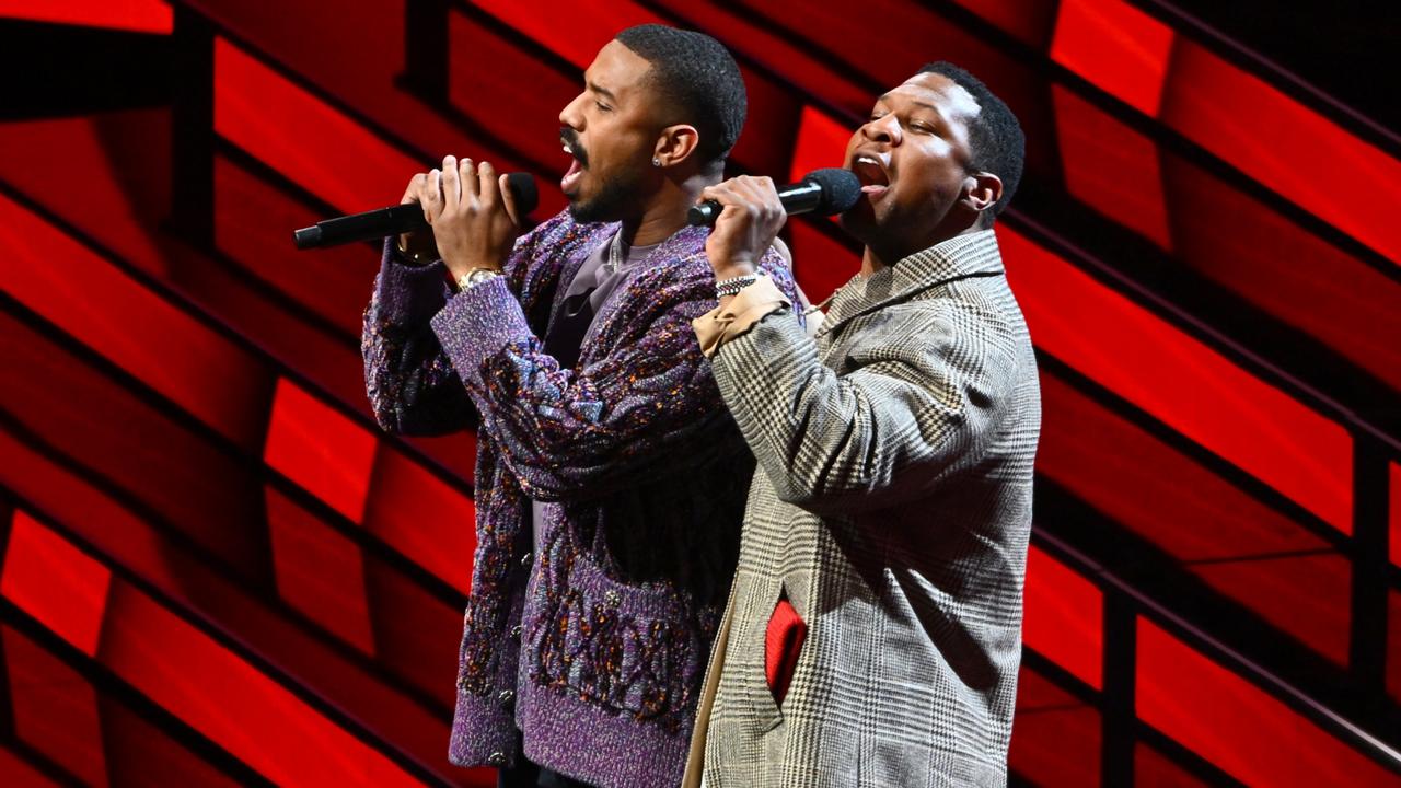 Actors Michael B. Jordan and Jonathan Majors perform prior to the 2023 NBA All Star KIA Skills Challenge at Vivint Arena in Salt Lake City, Utah, last week. Picture: Alex Goodlett/Getty Images