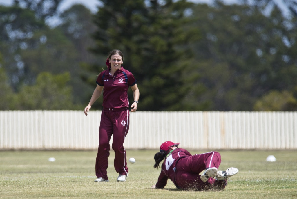 Eliza Flynn (left) and captain Stephanie Baldwin field for Queensland against Western Australia in Australian Country Cricket Championships women's division round four at Heritage Oval, Tuesday, January 7, 2020. Picture: Kevin Farmer