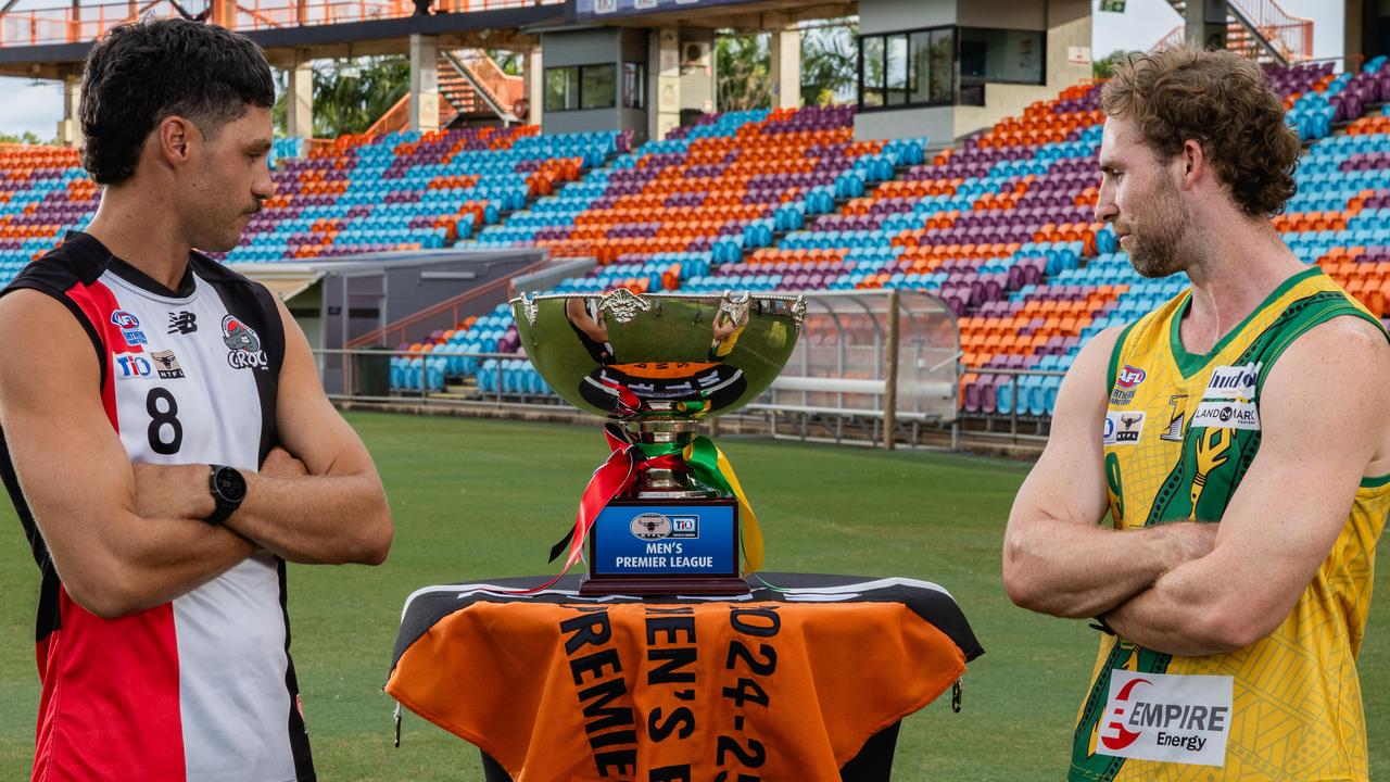 Michael Bowden of Southern Districts and Dylan Landt of St Mary's ahead of the 2024-25 NTFL grand final. Picture: Pema Tamang Pakhrin