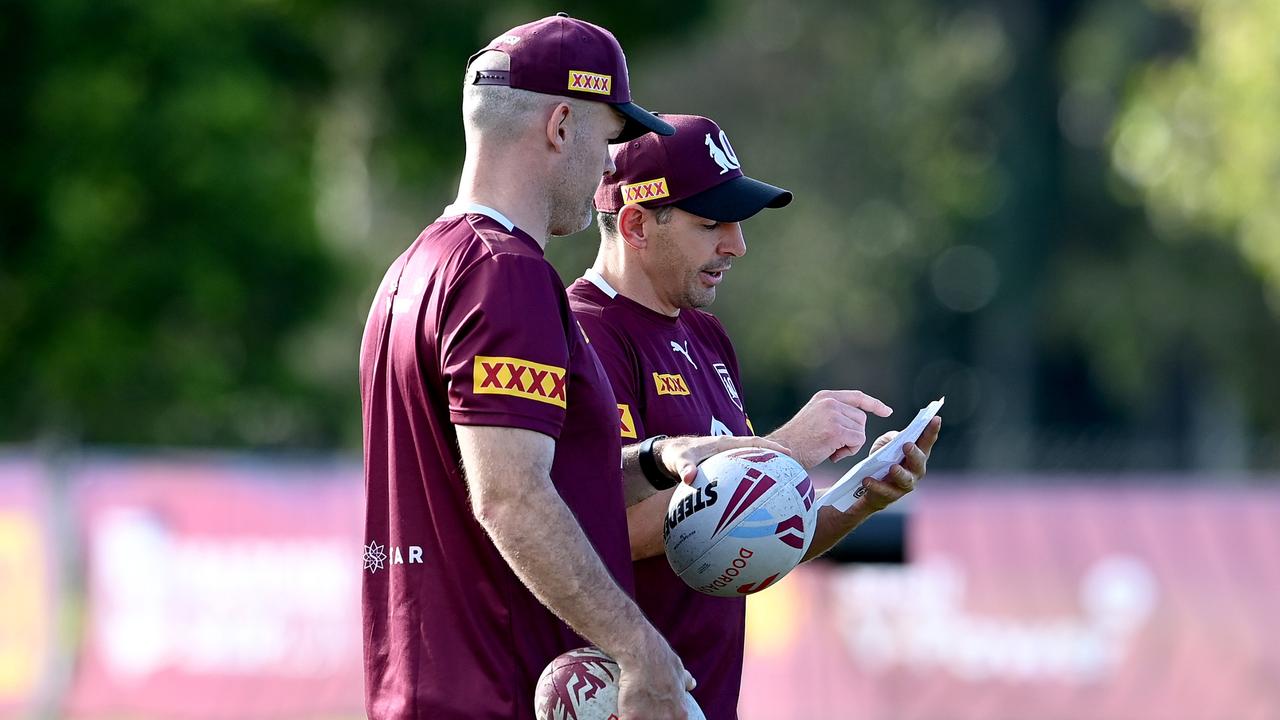 Queensland coach Billy Slater and assistant Nate Myles. Picture: Bradley Kanaris/Getty Images