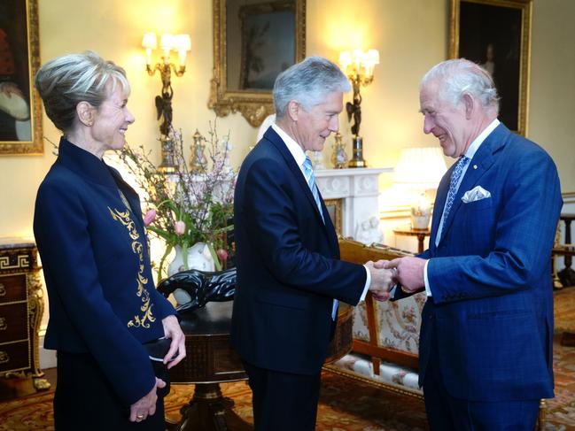 King Charles III receives the High Commissioner for the Commonwealth of Australia, Stephen Smith, and his wife Jane Seymour, during an audience at Buckingham Palace. Picture: Getty Images