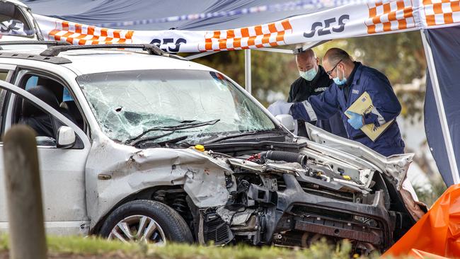 Forensic police examine a vehicle at the scene of a shooting at Corio in March 2021. Picture: NCA NewsWire / David Geraghty