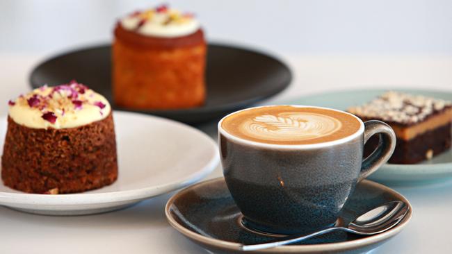 Not so healthy, a selection of cakes with a cup of Gabriel coffee. Picture: Adam Yip.