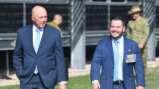 2022: Defence Minister Peter Dutton at Lavarack Barracks with MP Phil Thompson. Picture: Evan Morgan
