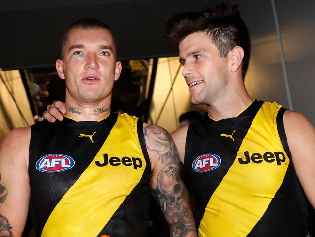 MELBOURNE, AUSTRALIA - MARCH 30: Dustin Martin (left) and Trent Cotchin of the Tigers celebrate during the 2017 AFL round 02 match between the Richmond Tigers and the Collingwood Magpies at the Melbourne Cricket Ground on March 30, 2017 in Melbourne, Australia. (Photo by Adam Trafford/AFL Media/Getty Images)