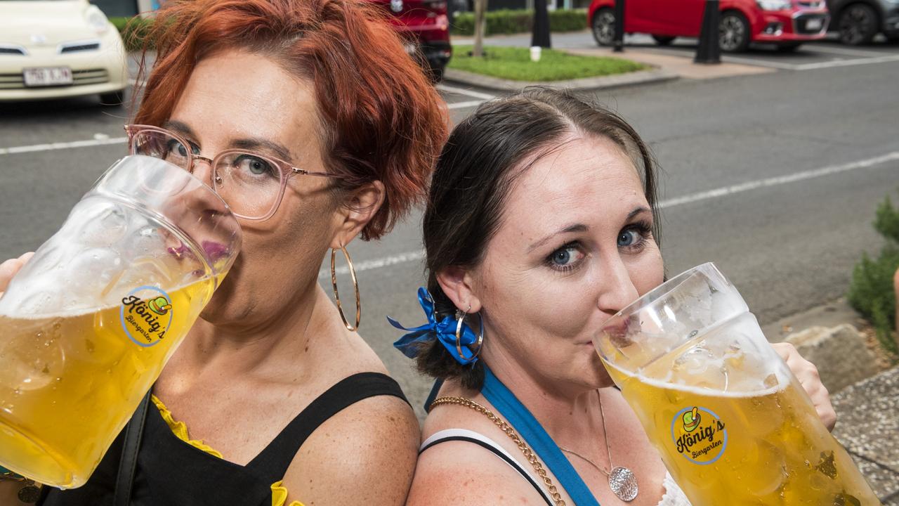 Renay Marshall (left) and Codie McKeon at The Brewhouse as 4 Brothers Brewing and Konig's Biergarten Toowoomba join forces to celebrate Oktoberfest, Saturday, October 23, 2021. Picture: Kevin Farmer