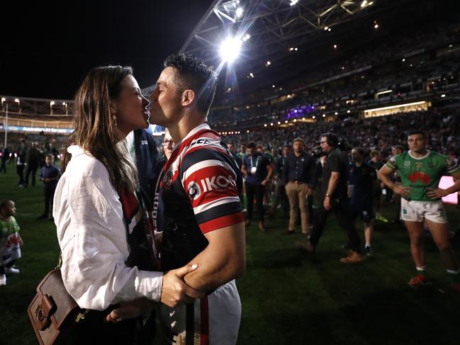 The couple shared a not-so-private moment after the Roosters’ Grand Final win at ANZ Stadium. Picture: Getty Images