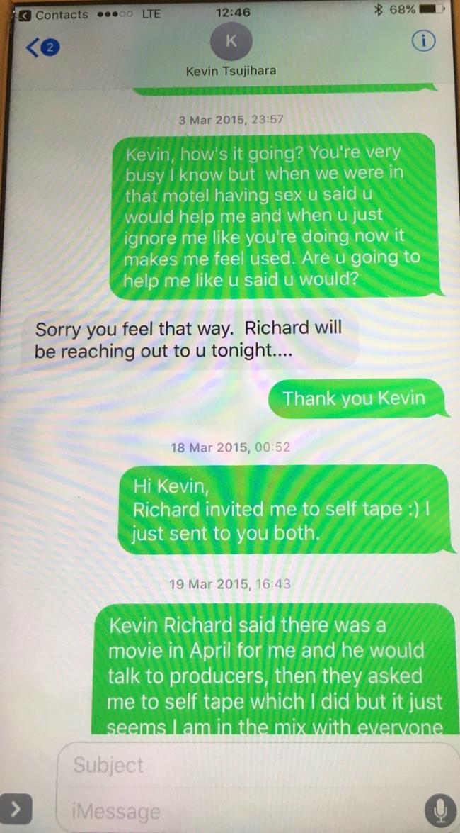 A text message exchange between Charlotte Kirk and Kevin Tsujihara in March 2015. Picture: supplied