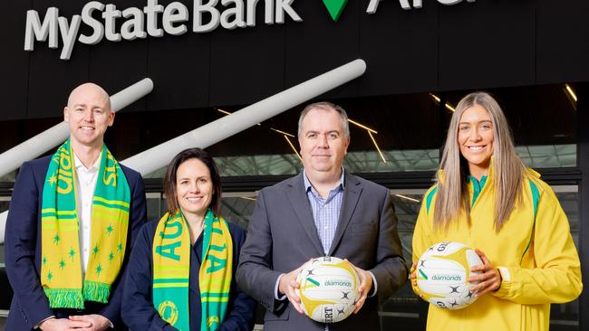 Netball Tasmania CEO Mitch Coulson, Netball Australia CEO Kelly Ryan, Minister for Stadia and Events Nic Street and Australian Diamonds player Tilly Garrett at MyState Bank Arena to announce the Diamonds games later this year. Picture: Richard J. Ho - Minch Media.