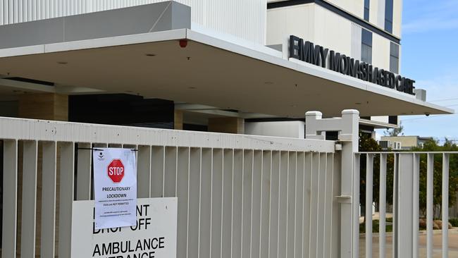 A Melbourne aged care centre warning people not to enter. Picture: Quinn Rooney/Getty Images