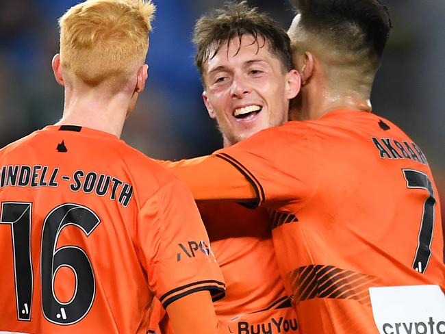 GOLD COAST, AUSTRALIA - JULY 14: Joe Knowles of the Roar celebrates scoring a goal during the 2022 Queensland Champions Cup match between Brisbane Roar and Leeds United at Cbus Super Stadium on July 14, 2022 in Gold Coast, Australia. (Photo by Albert Perez/Getty Images)