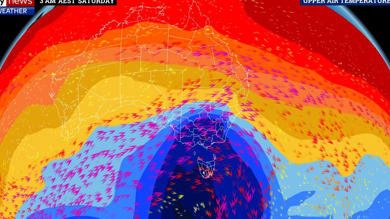 Three cold fronts (the second shown here in blue) in quick succession will bring heavy rain and winds to SE Australia. Picture: Sky News Weather