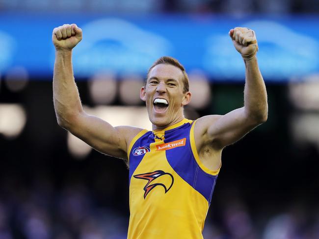 AFL Round 15. Western Bulldogs vs. West Coast Eagles at Etihad Stadium. West Coast's Drew Petrie celebrates on the final siren   . Pic: Michael Klein