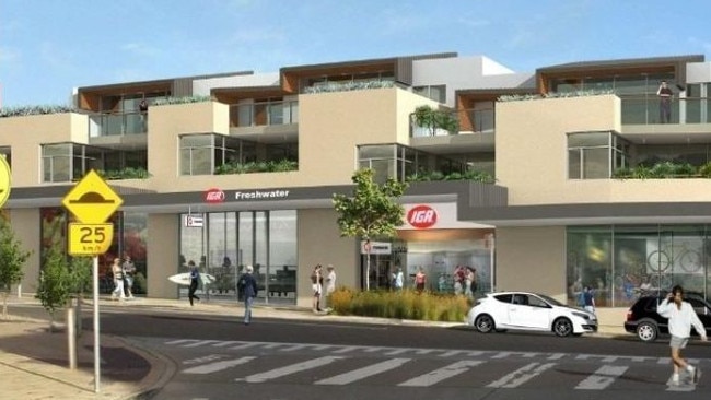 An artist’s impression of the Freshwater ‘shop top’ apartment development in Albert St, Freshwater, showing the IGA supermarket.