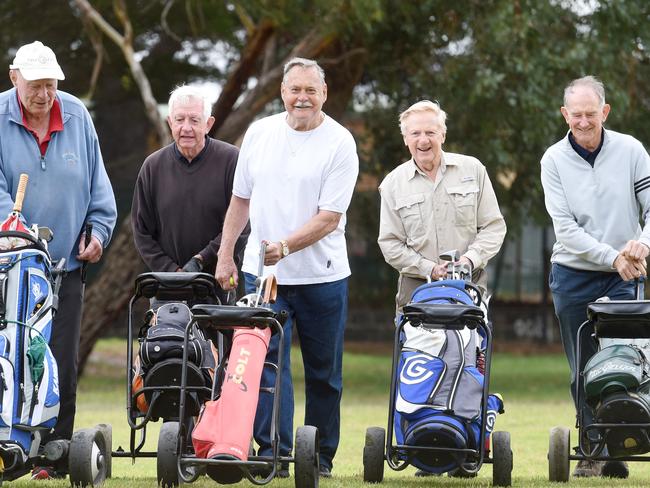 Ron Barassi playing golf with some Melbourne premiership teammates John Lord, Jim McKay, Bluey Adams and Barry Vagg. Picture: Kylie Else