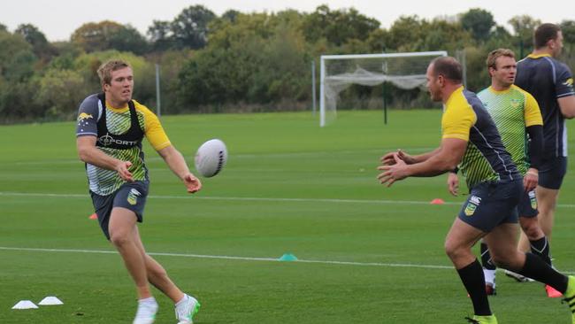 Jake Trbojevic and Matt Scott train ahead of the Australian Kangaroos' Four Nations opening match against Scotland. Picture: Supplied