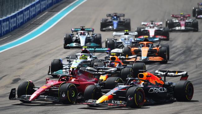 Ferrari's Spanish driver Carlos Sainz and Red Bull Racing's Max Verstappen