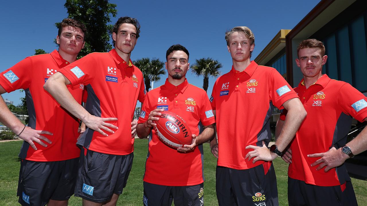 Gold Coast draftees (from left) Caleb Graham, Ben King, Izak Rankine, Jack Lukosius and Jez McLennan.