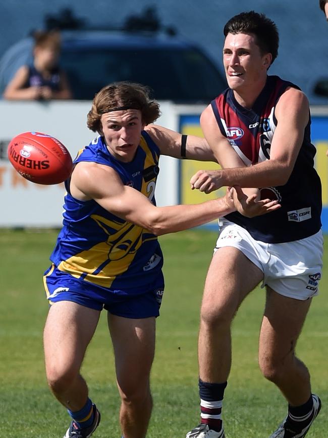 Charlie Constable handpasses for Sandringham Dragons, where he was teammates with running buddy Andrew Brayshaw. Picture: Kylie Else