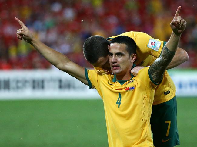 Tim Cahill of Australia celebrates a goal during the AFC Asian Cup Quarter-Final between the Socceroos and China played at Suncorp Stadium. Pic Darren England.