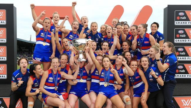 Western Bulldogs players celebrate their premiership win this year. Picture: Mark Stewart