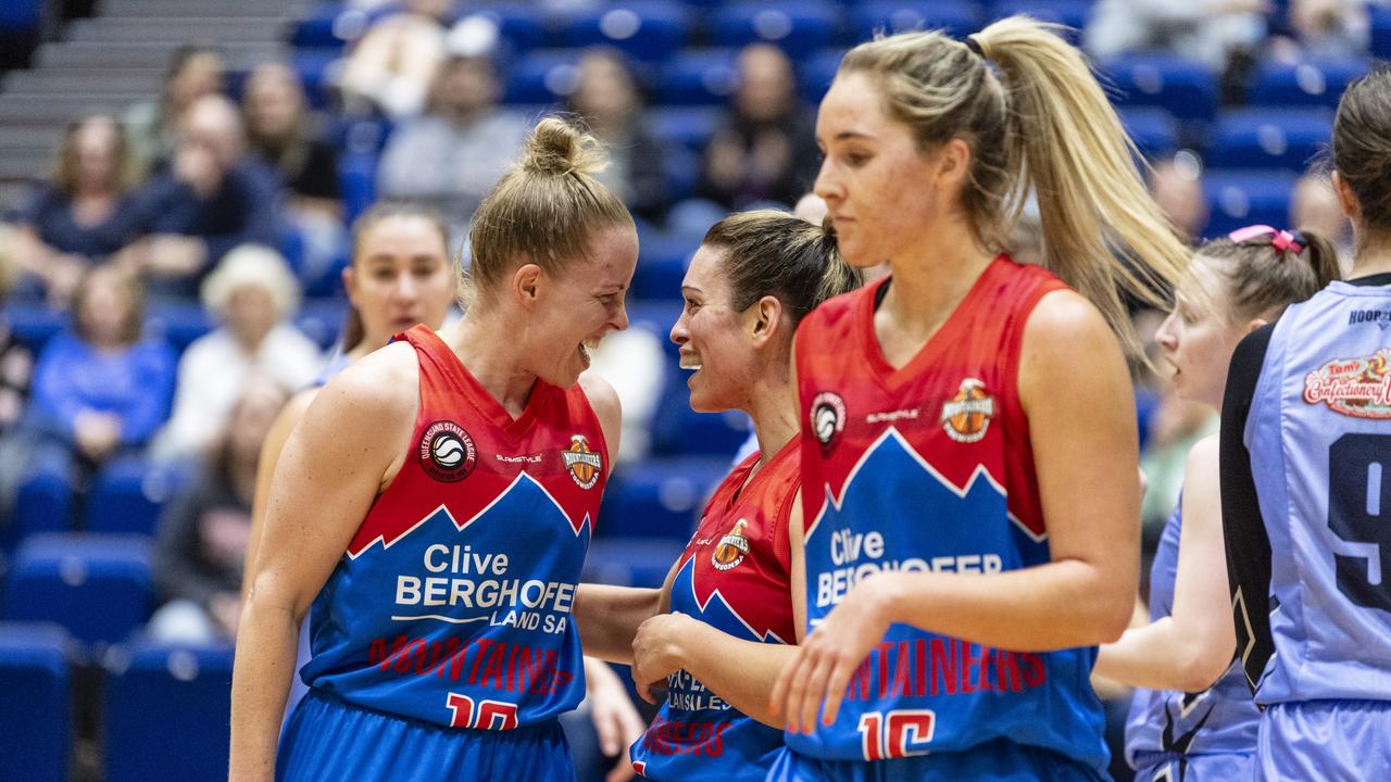 Toowoomba Mountaineers players Francisca Donders (left) and Tracey Twidale celebrate a freethrow being awarded in the match against Northside Wizards. Picture: Kevin Farmer