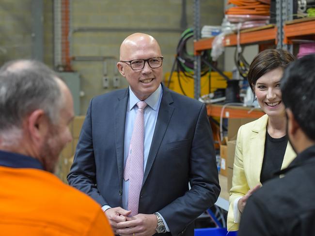 ADELAIDE, AUSTRALIA - NewsWire Photos - DECEMBER 17, 2024:  Opposition leader Peter Dutton visits a local business, Dematec Automation at Melrose Park Adelaide. Presser. Picture: NewsWire / Roy VanDerVegt