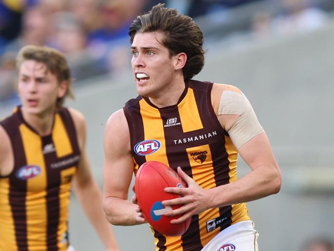 Will Day of the Hawks runs the ball during the round 16 AFL match between West Coast Eagles and Hawthorn Hawks at Optus Stadium, on June 30, 2024, in Perth, Australia. (Photo by Janelle St Pierre/Getty Images)