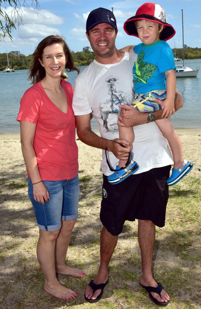 Julie, Zach and Leo Phillips bring in the New Year on the Noosa River in 2015. Picture: Geoff Potter.