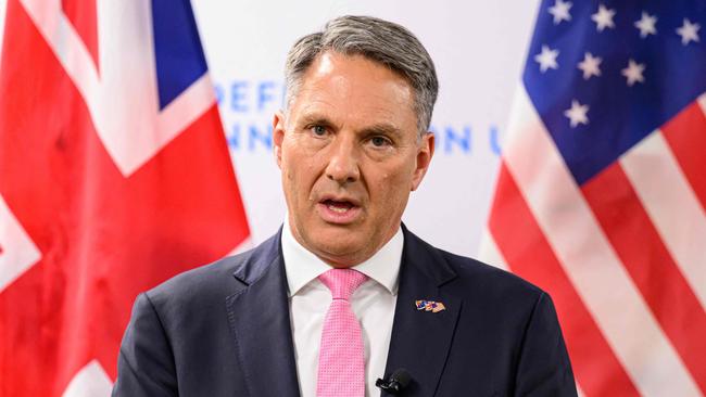 Australian Defense Minister Richard Marles speaks during a joint press conference with the US Defense Secretary and the British Defense Secretary during the AUKUS Defense Ministerial Meeting in Mountain View, California, on December 1, 2023. (Photo by JOSH EDELSON / AFP)