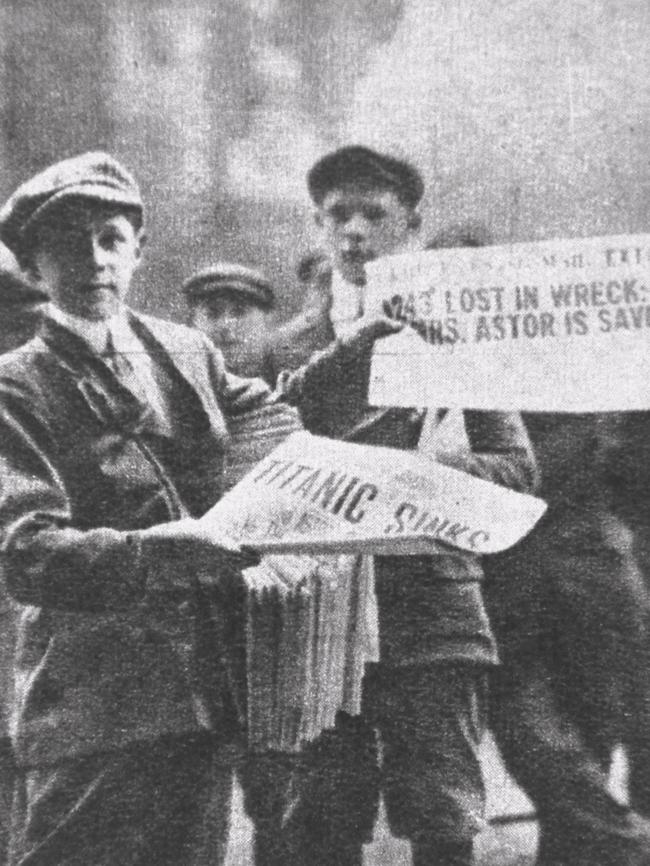 A boy sells newspapers with headlines on the sinking of the <i>Titanic</i> in London in 1912. Picture courtesy of Melbourne Museum