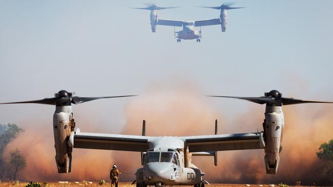 US Marines Corps Ospreys land at Fog Bay in the Northern Territory. The US is believed to be looking to build facilities specific to their Osprey fleet in the NT. Picture: Supplied