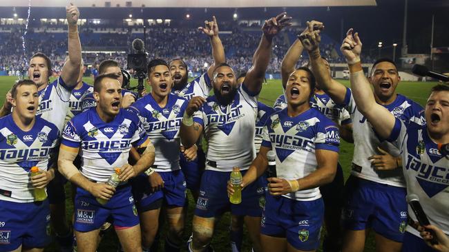 The Bulldogs celebrate beating Melbourne at Belmore Oval.