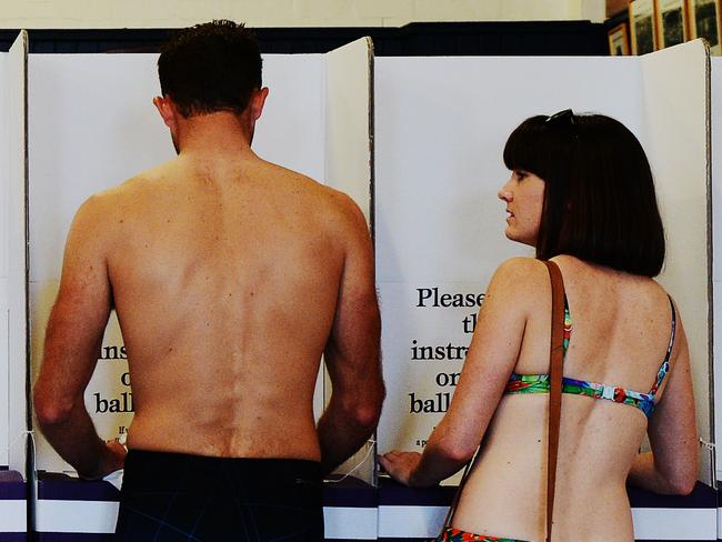 Spencer Watson of Bondi, Ashley Funnell of Perth and Tarryn Brady of Melbourne pictured in the Bondi Bathers Club Poling booth in the seat of Wentworth on Election Day, September 7, 2013. Photo: BRADEN FASTIER.Poling Day/ voters/ elections/ NSW/ Sydney/ Australia