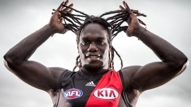 Essendon rookie Anthony McDonald-Tipungwuti’s journey to the AFL has been amazing and he’s as hard as they come on the field. Picture: Mark Dadswell