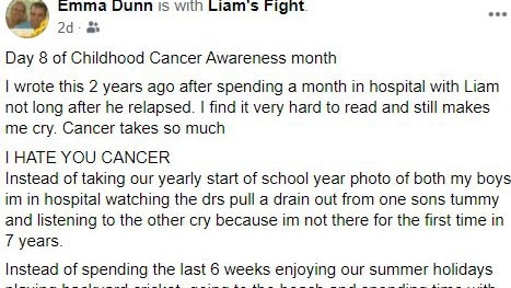 Emma Dunn is sharing her little boy’s battle with cancer, every day this month to raise awareness of childhood cancer. Picture: Facebook