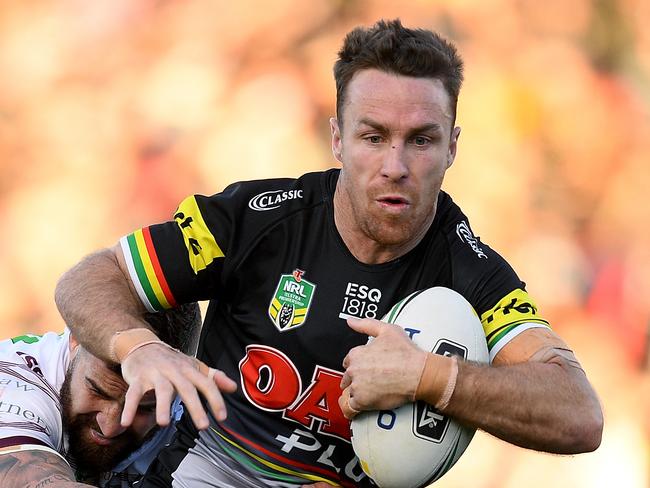 James Maloney of the Panthers is tackled by Joel Thompson of the Sea Eagles during the Round 16 NRL match between the Penrith Panthers and the Manly-Warringah Sea Eagles at Panthers Stadium in Sydney, Saturday, June 30, 2018. (AAP Image/Dan Himbrechts) NO ARCHIVING, EDITORIAL USE ONLY