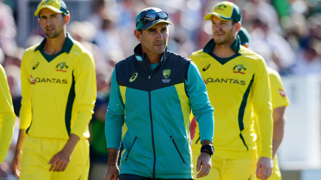 New Australian cricket coach Justin Langer with members of the Australian cricket team in England. Picture: Getty Images