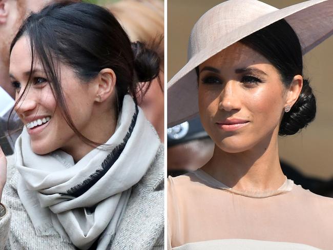 Left: Meghan Markle pictured in January before her wedding, rocking a chilled messy bun. Right: Wearing a tight, professionally styled bun. Picture: Chris Jackson; Dominic Lipinski