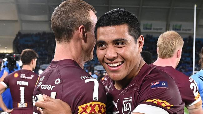 Mo Fotuaika with Daly Cherry-Evans after game three of last year’s series. Picture: Bradley Kanaris/Getty Images