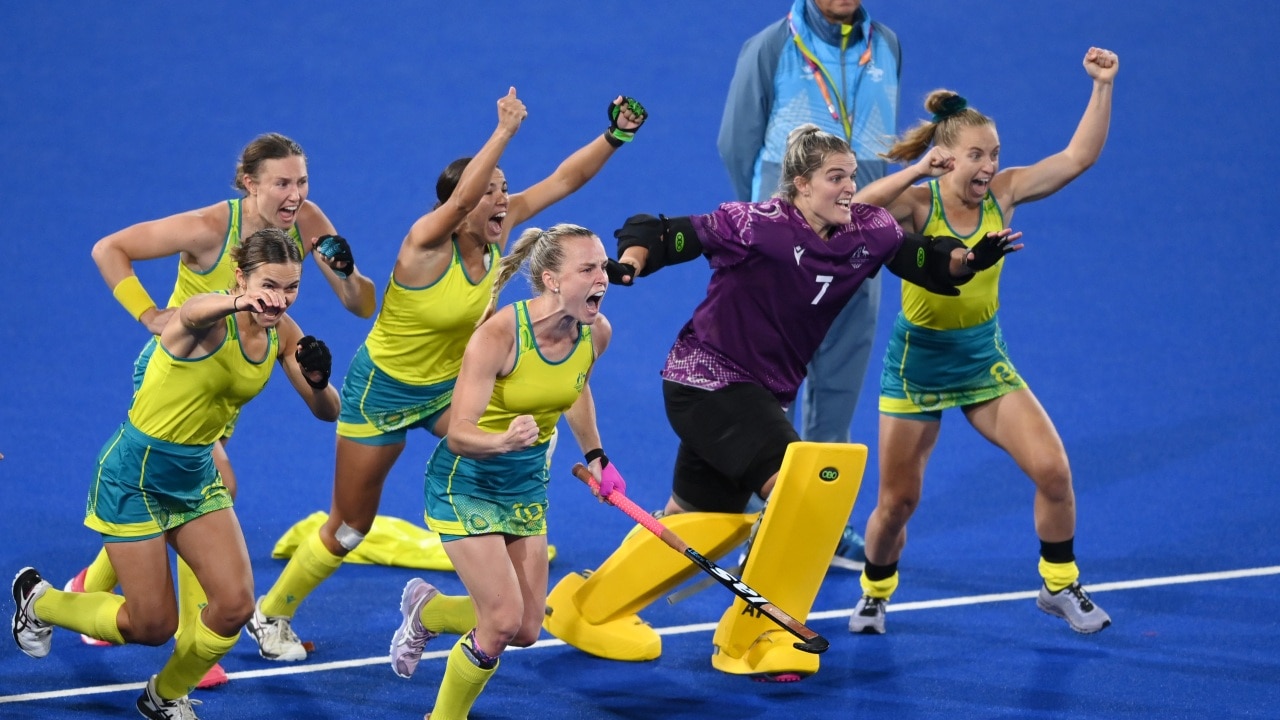 BIRMINGHAM, ENGLAND - AUGUST 05: Team Australia celebrate after victory in the Women's Hockey Semi-Final match between Team Australia and Team India on day eight of the Birmingham 2022 Commonwealth Games at University of Birmingham Hockey & Squash Centre on August 05, 2022 on the Birmingham, England. (Photo by Alex Davidson/Getty Images)