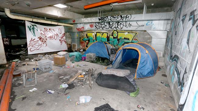 Homeless lair in an old underground carpark of an abandoned building on the Gold Coast. Picture Mike Batterham