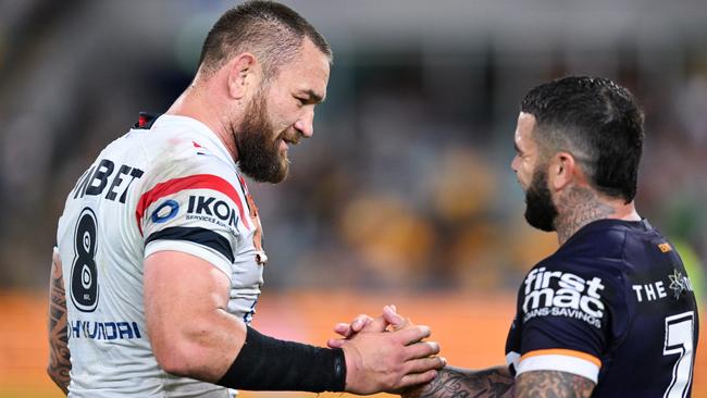 (L-R) Jared Waerea-Hargreaves of the Roosters chats to Adam Reynolds after their game.