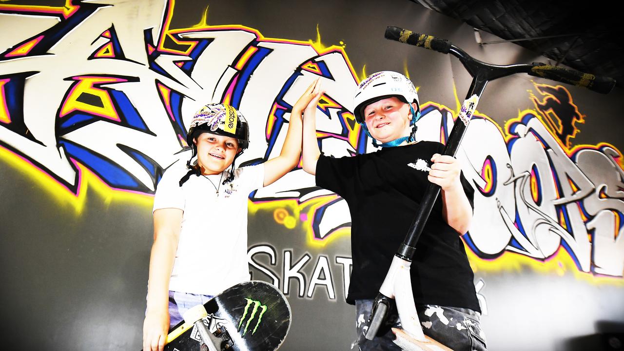 Mitchell, 10, and Brendan King, 12, were excited for the opening of Alley-Oops Indoor Skatepark. Picture: Patrick Woods